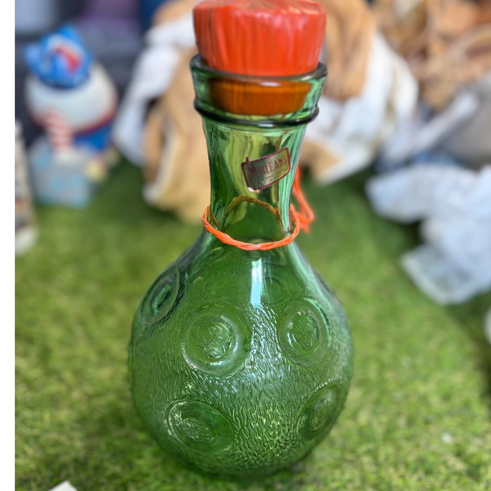 Vintage Green Glass Bottle Carafe Decanter Norleans Liquor Stopper‎